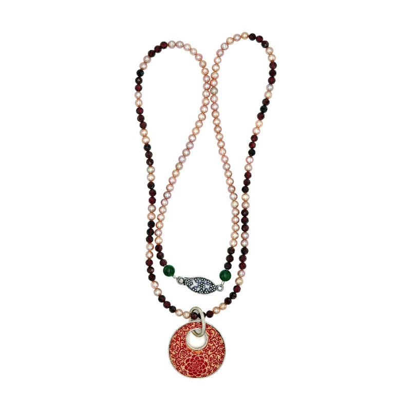 Champagne Pearls and Garnet Zinnia Necklace