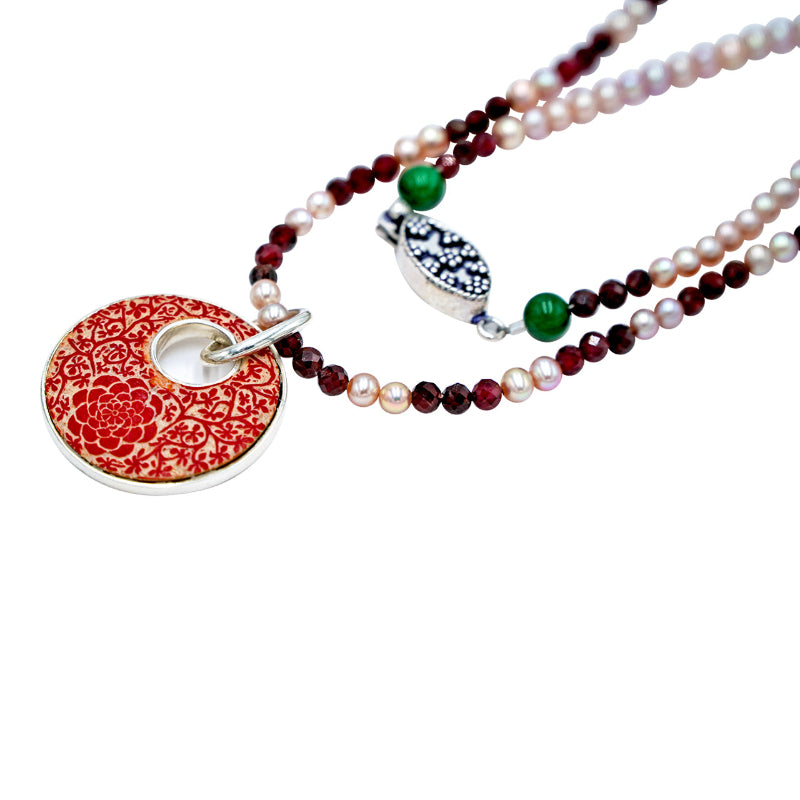 Champagne Pearls and Garnet Zinnia Necklace