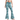 Cyan Wave Zinnia Flare Leggings by Hadley Pollet with teal waves, pink zinnias and striped waistband, front view