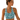Cyan Waves Zinnia Activewear Top by Hadley Pollet, racerback with teal waves and pink zinnias, worn by a model in a studio