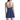 Hadley Pollet Lavender Haze Tennis Dress in navy with white straps and twist open back, model in a studio, back view