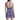 Back view of the Navy Purple Waves Zinnia Halter Dress by Hadley Pollet showing the open back and twisted striped band