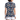 Back view of the Navy Wave Zinnia Tennis Polo by Hadley Pollet with cream waves and red zinnias, worn by a model in a studio