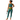 Model with a water bottle in the Ocean Zinnia Bubbles Athletic Crop Top and Leggings by Hadley Pollet, blue zinnias on teal