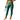 Ocean Zinnia Bubbles Leggings by Hadley Pollet with blue and yellow zinnias on teal and a lime waistband, studio front view